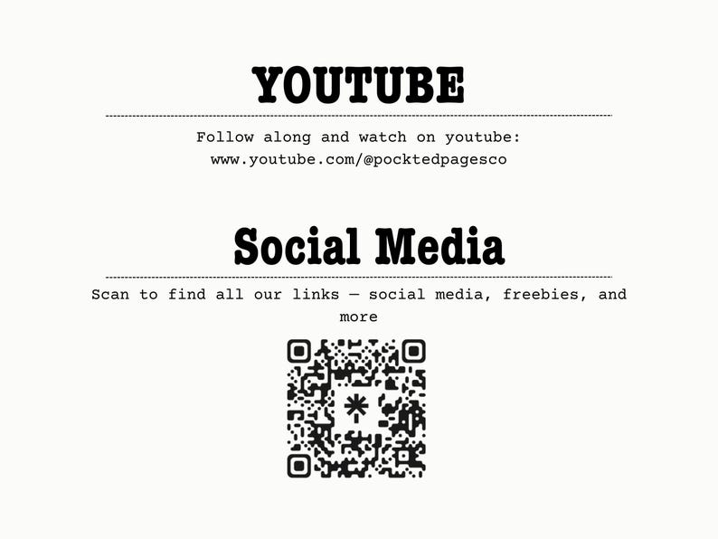 Puede incluir: Gr&aacute;fico crema con la palabra "YOUTUBE" en negrita y letras negras. Debajo, el texto dirige a seguir en YouTube en www.youtube.com/@pocktedpagesco. El gr&aacute;fico tambi&eacute;n incluye "Social Media" y un c&oacute;digo QR.