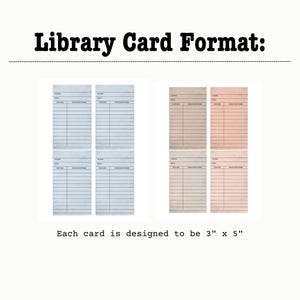 Puede incluir: Imagen del formato de tarjeta de biblioteca con el texto "Library Card Format:". La imagen muestra cuatro tarjetas de biblioteca de tonos azules y cuatro de tonos beige. Cada tarjeta mide 7,6 cm x 12,7 cm.