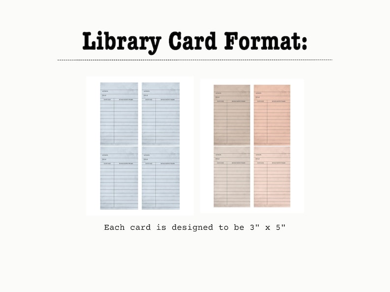 Puede incluir: Imagen del formato de tarjeta de biblioteca con el texto "Library Card Format:". La imagen muestra cuatro tarjetas de biblioteca de tonos azules y cuatro de tonos beige. Cada tarjeta mide 7,6 cm x 12,7 cm.