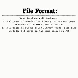 Puede incluir: Texto sobre un fondo crema que dice "File Format:" seguido de detalles sobre la descarga digital. Incluye 4 p&aacute;ginas de tarjetas de biblioteca de colores mixtos y 16 p&aacute;ginas de tarjetas de biblioteca de un solo color, todo en formato JPG.