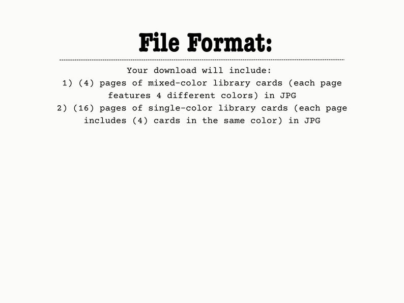 Puede incluir: Texto sobre un fondo crema que dice "File Format:" seguido de detalles sobre la descarga digital. Incluye 4 p&aacute;ginas de tarjetas de biblioteca de colores mixtos y 16 p&aacute;ginas de tarjetas de biblioteca de un solo color, todo en formato JPG.
