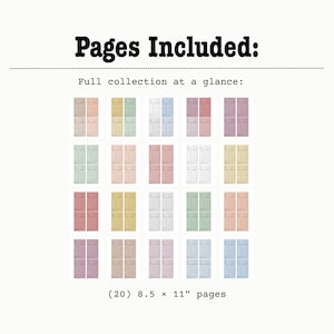 Puede incluir: Imagen de una colecci&oacute;n de veinte p&aacute;ginas de 21,6 x 27,9 cm, cada una con una combinaci&oacute;n de colores &uacute;nica. El texto "P&aacute;ginas incluidas: Colecci&oacute;n completa de un vistazo:" se muestra en la parte superior.