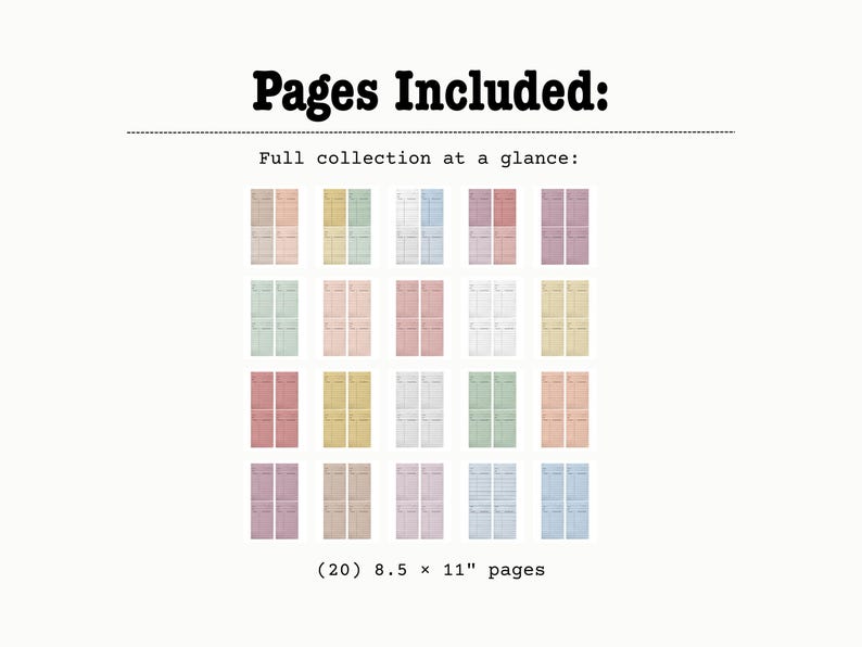 Puede incluir: Imagen de una colecci&oacute;n de veinte p&aacute;ginas de 21,6 x 27,9 cm, cada una con una combinaci&oacute;n de colores &uacute;nica. El texto "P&aacute;ginas incluidas: Colecci&oacute;n completa de un vistazo:" se muestra en la parte superior.