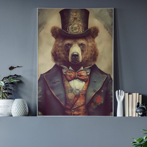 Bear Gentleman Vintage Portrait, Painting Bear Poster, Art Poster Print, Home Decor, Animal Lover Gift, Victorian era portrait,PNG printable