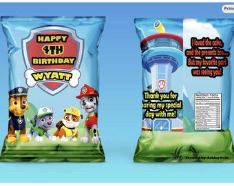 Personalized chip bags, birthday favors, party favors, Paw Patrol theme, Paw patrol