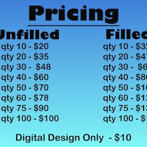 May include: A pricing chart with the title "Pricing" in bold black font. The chart is divided into "Unfilled" and "Filled" columns, with price ranges listed for different quantities. The text "Digital Design Only - $10" is at the bottom.