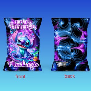 May include: Custom chip bag featuring the character Stitch from Lilo & Stitch. The front of the bag has a vibrant design with Stitch, the text "Happy Birthday Mackenzie", and the Lays logo. The back has a swirling blue and purple design.