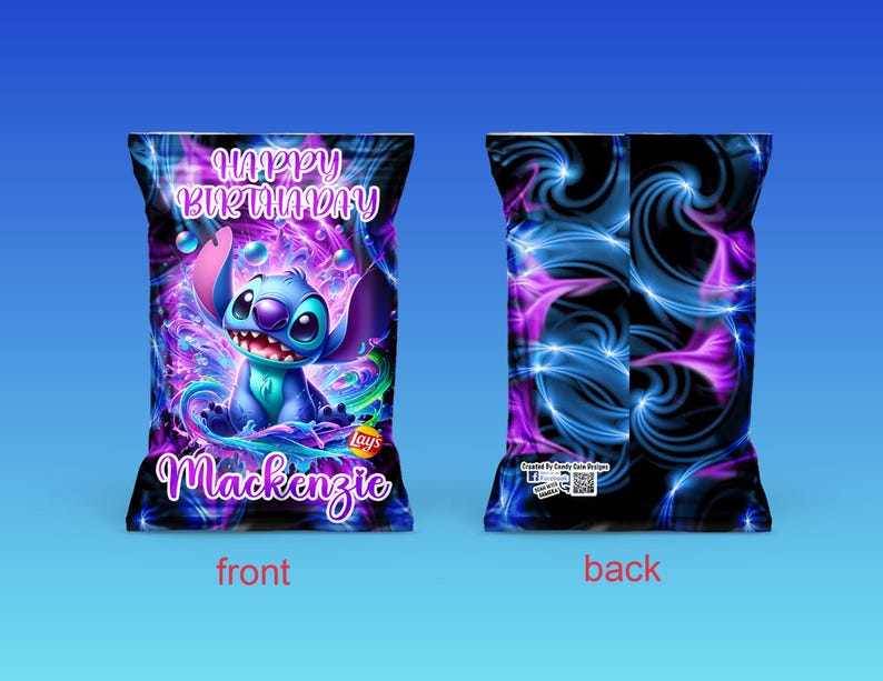 May include: Custom chip bag featuring the character Stitch from Lilo & Stitch. The front of the bag has a vibrant design with Stitch, the text "Happy Birthday Mackenzie", and the Lays logo. The back has a swirling blue and purple design.