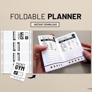 May include: A foldable planner with the text "FOLDABLE PLANNER" and "INSTANT DOWNLOAD". The planner is white with black text and graphics, including "POCKET GYM". The planner is open, showing exercise tracking pages.