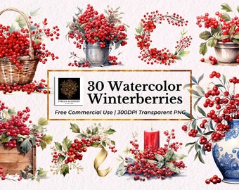 30 Winterberry Bundle Watercolor Clipart, Transparent PNG, FREE Commercial Use, Planner, Cards, Junk Journals, Scrapbooking, Wedding Clipart