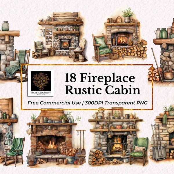 18 Cozy Rustic Cabin Fireplace Clipart, Transparent PNG, Free commercial use, Holiday Clipart, Cards, Planners, Scrapbooking, Journals