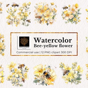 12 abejas de acuarela - Clipart floral amarillo, 12 PNG transparentes, uso comercial, planificadores, tarjetas, revistas basura, álbumes de recortes, clipart de boda