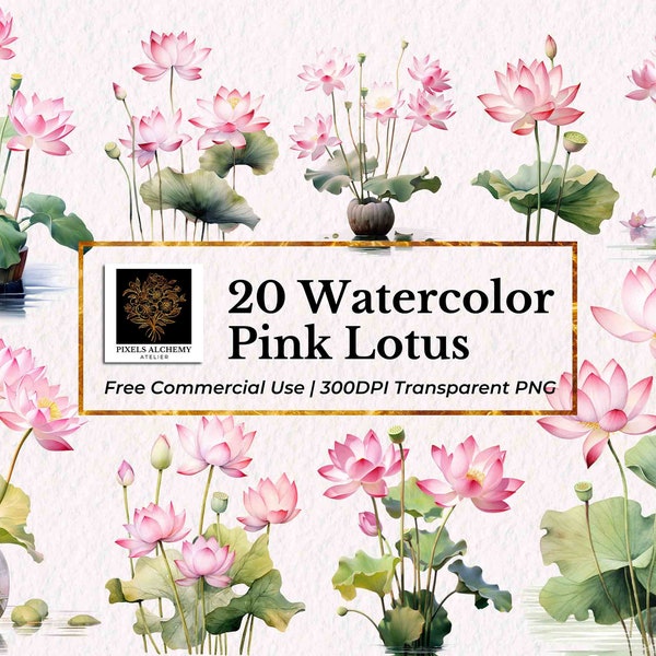 20 Pink Lotus Flowers Watercolor Clipart, PNG Transparent, Free Commercial Use, Cards, Junk Journals, Scrapbooking, Wedding Clipart