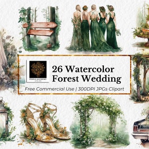 26 JPGs de pacote de casamento na floresta, clipart em aquarela, fundo branco, uso comercial gratuito, cartões, diário indesejado, álbum de recortes, clipart de casamento