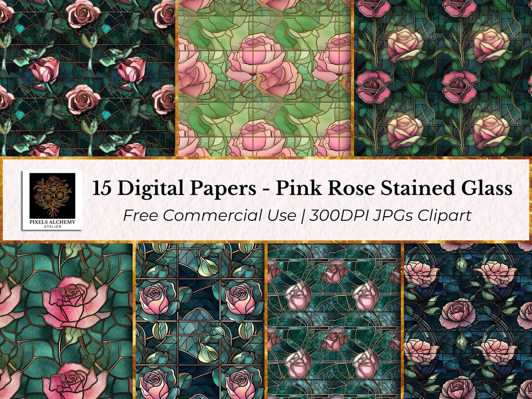15 Spring Rose Stained Glass Digital Papers, Seamless Floral Pattern ...
