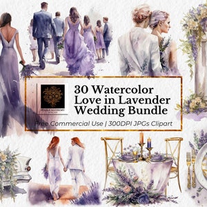 30 JPG de paquete de boda de amor lavanda, imágenes prediseñadas de acuarela, fondo blanco, planificadores, tarjetas, diarios basura, álbumes de recortes, imágenes prediseñadas de boda