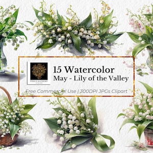 15 mai - Fleurs de naissance de muguet JPG, PNG transparents BONUS, Clipart aquarelle, mariage, agendas, cartes, journaux, scrapbooking