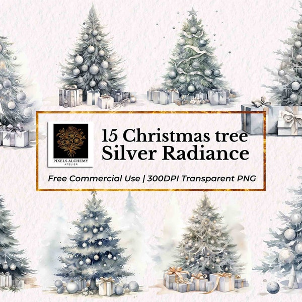15 Silver Radiance Christmas Tree Clipart, Transparent PNG, Free commercial use, Holiday Clipart, Cards, Planners, Scrapbooking, Journals