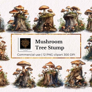 12 Watercolor Wild Mushrooms Tree Stump Clipart, Transparent PNG for commercial use, Planners, Cards, Junk Journals, Scrapbooking
