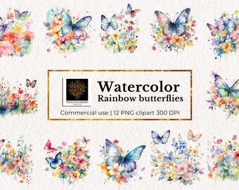 12 Watercolor Butterflies - Rainbow Floral Clipart, Transparent PNG, commercial use, Wedding, Planners, Cards, Junk Journals, Scrapbooking