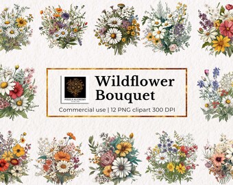 12 Vintage Flower Bouquet Clipart, 12 PNG beautiful wildflower illustration for COMMERCIAL USE, instant digital download, design elements