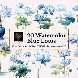 20 青い蓮の水彩画クリップアート、透明な PNG、無料商用利用、プランナー、カード、ジャンクジャーナル、スクラップブッキング、結婚式のクリップアート