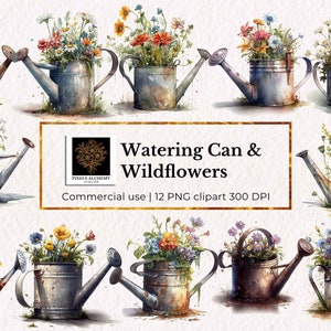 12 Watercolor Rusted Watering and Wildflowers Clipart, Transparent PNG for commercial use, Card Making, Digital Paper Craft,Instant Download