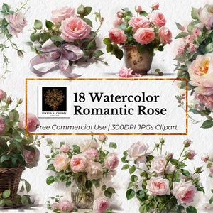 18 romantische roos jpg's, aquarel clipart, witte achtergrond, planners, kaarten, ongewenste tijdschriften, scrapbooking, bruiloft clipart