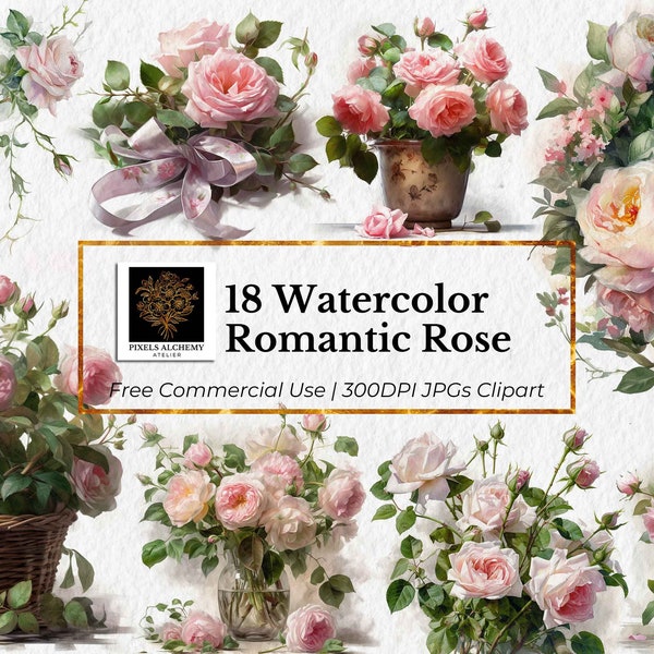 18 Romantic Rose JPGs, Watercolor Clipart, White Background, Planners, Cards, Junk Journals, Scrapbooking, Wedding Clipart