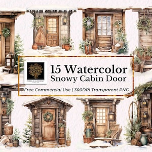 15 Snowy Cabin Door Watercolor Clipart, Transparent PNG, Free commercial use, Christmas Holiday, Cards, Planners, Scrapbooking, Journals