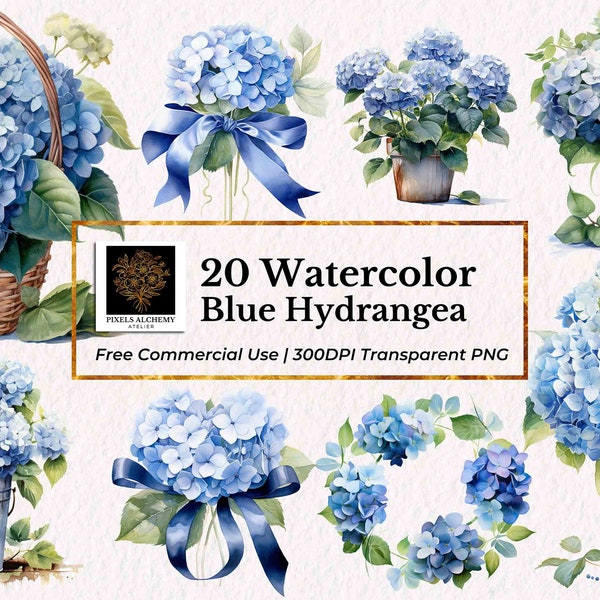 20 Blue Hydrangea Watercolor Clipart, Transparent PNG, FREE Commercial Use, Planners, Cards, Junk Journals, Scrapbooking, Wedding Clipart