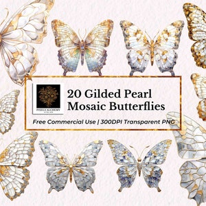 20 imágenes prediseñadas de mariposas de mosaico de perlas doradas, PNG transparente, planificadores, tarjetas, diarios basura, álbumes de recortes, imágenes prediseñadas de boda