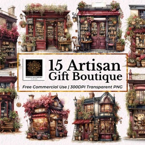 15 ambachtelijke cadeau Boutique aquarel clipart, PNGs, gratis commercieel gebruik, kaarten, tijdschriften, scrapbooking, planner, bruiloft vakantie DIY-projecten
