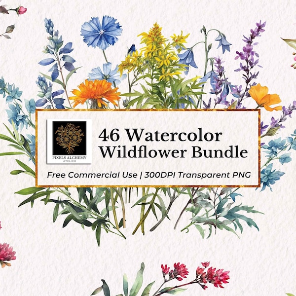 46 Watercolor Wildflower Clipart, Wildflower Bundle, Transparent PNG, Planners, Cards, Junk Journals, Scrapbooking, Wedding Clipart