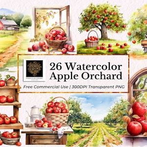 26 Apple Orchard Bundle Aquarelle Clipart, PNG Transparent, Utilisation commerciale GRATUITE, Téléchargement numérique, Cartes, Scrapbooking, Planificateurs, Journaux