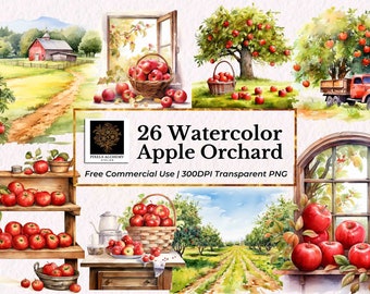 26 Apple Orchard Bundle Watercolor Clipart, Transparent PNG, FREE Commercial Use, Digital Download, Cards, Scrapbooking, Planners, Journals