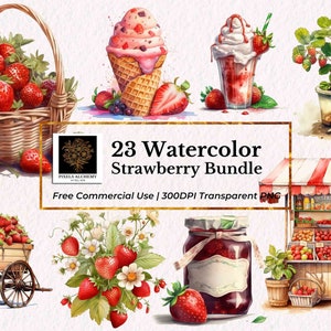23 Strawberry Bundle Watercolor Clipart, Transparent PNG, FREE Commercial Use, Digital Download, Planner, Cards, Junk Journals, Scrapbooking
