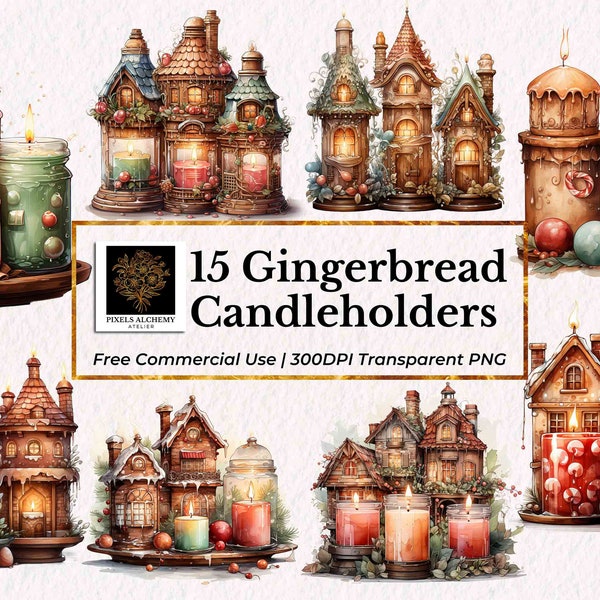 15 Gingerbread Candleholders Watercolor Clipart Set, PNGs, FREE Commercial Use, Cards, Journals, Scrapbooking, Planner, Wedding, Holiday DIY