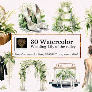 30 Clipart de casamento em aquarela de lírio do vale, PNGs, uso comercial GRATUITO, planejadores, cartões, diários indesejados, scrapbooking, clipart de casamento