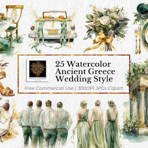 25 JPG in stile matrimonio dell'antica Grecia, clipart ad acquerello, sfondo bianco, cartoline, diari spazzatura, scrapbooking, clipart di matrimonio