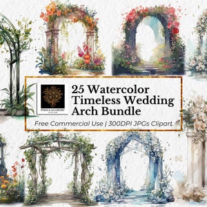 25 JPGs de pacote de arco de casamento atemporal, clipart aquarela, fundo branco, cartões, diários indesejados, álbum de recortes, clipart de casamento