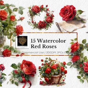 Paquete de 15 rosas rojas en formato JPG y PNG (imágenes prediseñadas de acuarela), uso comercial gratuito para bodas, planificadores, tarjetas, diarios basura y álbumes de recortes.
