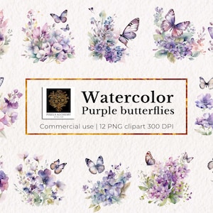 12 Aquarell Schmetterlinge - lila Blumen Clipart, 12 transparente PNG, kommerzielle Nutzung, Planer, Karten, Junk Journals, Scrapbooking, Hochzeit