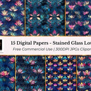 15 gebrandschilderd glas lotus digitaal papier, naadloos bloemmotief JPG's, planners, kaarten, ongewenste tijdschriften, scrapbooking, patroonpapier