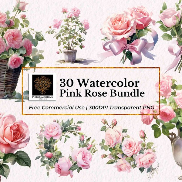 30 Pink Rose Watercolor Clipart, Transparent PNG, FREE commercial use, Planners, Cards, Junk Journals, Scrapbooking, Wedding Clipart