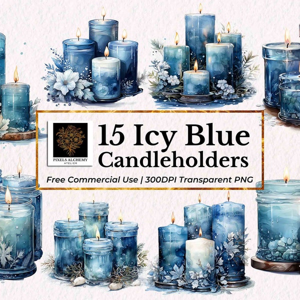 15 Icy Blue Candleholder Watercolor Clipart Set, PNGs, FREE Commercial Use, Cards, Journals, Scrapbooking, Planner, Wedding Holiday DIY