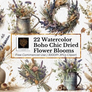 23 fichiers JPG bohèmes chics de fleurs séchées, clipart aquarelle, fond blanc, agendas, cartes, carnets de voyage, scrapbooking, clipart mariage
