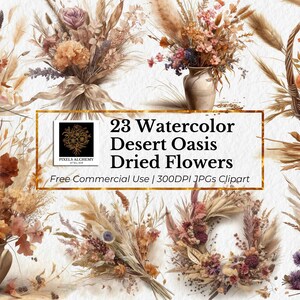 23 fichiers JPG de fleurs séchées d'oasis du désert, clipart aquarelle, fond blanc, agendas, cartes, carnets de voyage, scrapbooking, clipart mariage