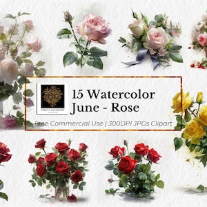 Op de afbeelding: 15 Waterverf Juni - Roos. Gratis commercieel gebruik | 300DPI JPGs Clipart. Een verzameling van 15 aquarel illustraties van rozen in verschillende kleuren en arrangementen, waaronder roze, rode, gele en witte rozen.