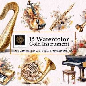15 Gold Instruments with Flowers PNG, Watercolor Clipart, Free Commercial Use, Instrument Clipart, Cards, Junk Journals, Scrapbooking